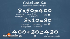 8 drops of reagent C equals 400 milligrams per liter, and 3 drops reagent D equals 30 milligrams per liter. Add both results together for a total Calcium concentration of 430 milligrams per liter.