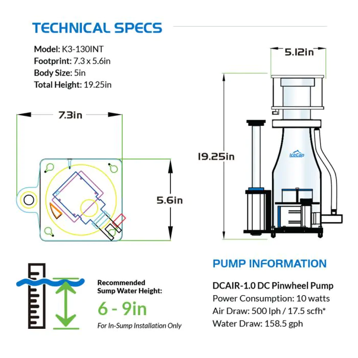 IceCap K3 130 INT In-Sump Protein Skimmer With Controller | CoralVue
